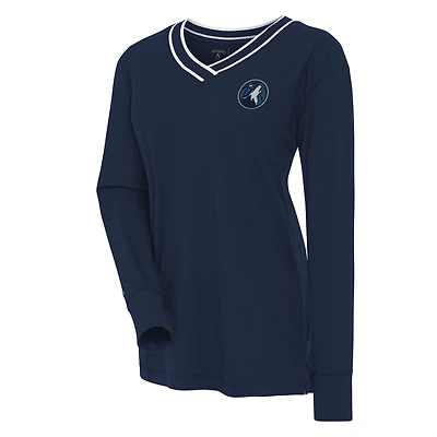 Haut à manches longues et col en V pour femme, bleu marine, motif symbolique des Timberwolves du Minnesota