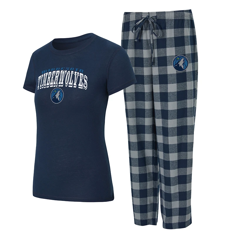 Ensemble pyjama en flanelle bleu marine/gris pour femme Concepts Sport des Timberwolves du Minnesota Avondale avec t-shirt et pantalon