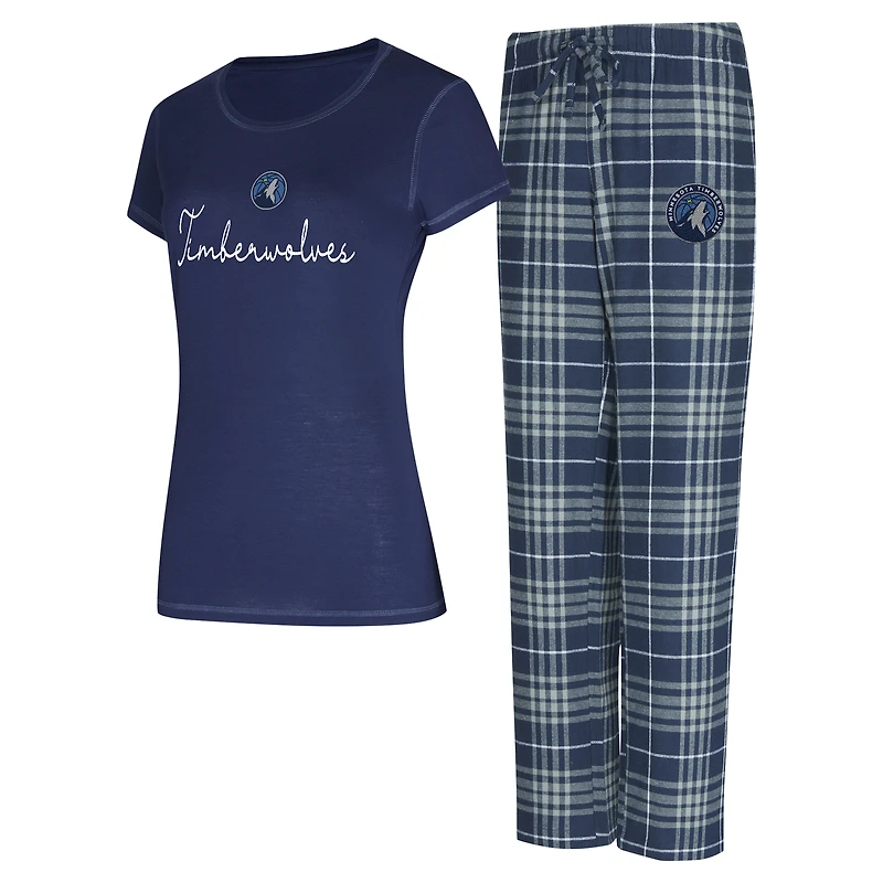 Ensemble de nuit pour femme avec t-shirt et pantalon en flanelle Minnesota Timberwolves Vector bleu marine/gris Concepts Sport