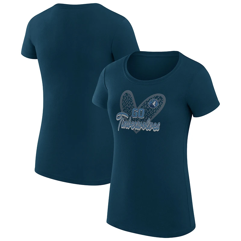 T-shirt léger et ultra-ajusté G-III 4Her by Carl Banks pour femme, bleu marine, motif léopard cœur, des Minnesota Timberwolves