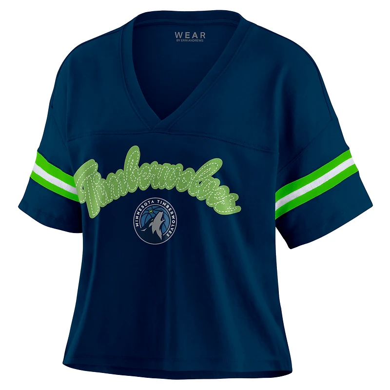 Women's WEAR by Erin Andrews Navy Minnesota Timberwolves Color Block Boxy V-Neck T-Shirt