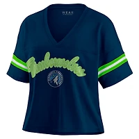 Women's WEAR by Erin Andrews Navy Minnesota Timberwolves Color Block Boxy V-Neck T-Shirt