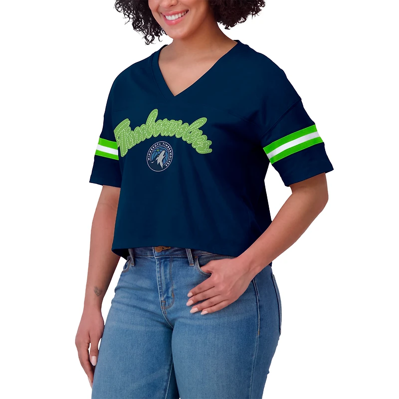Women's WEAR by Erin Andrews Navy Minnesota Timberwolves Color Block Boxy V-Neck T-Shirt