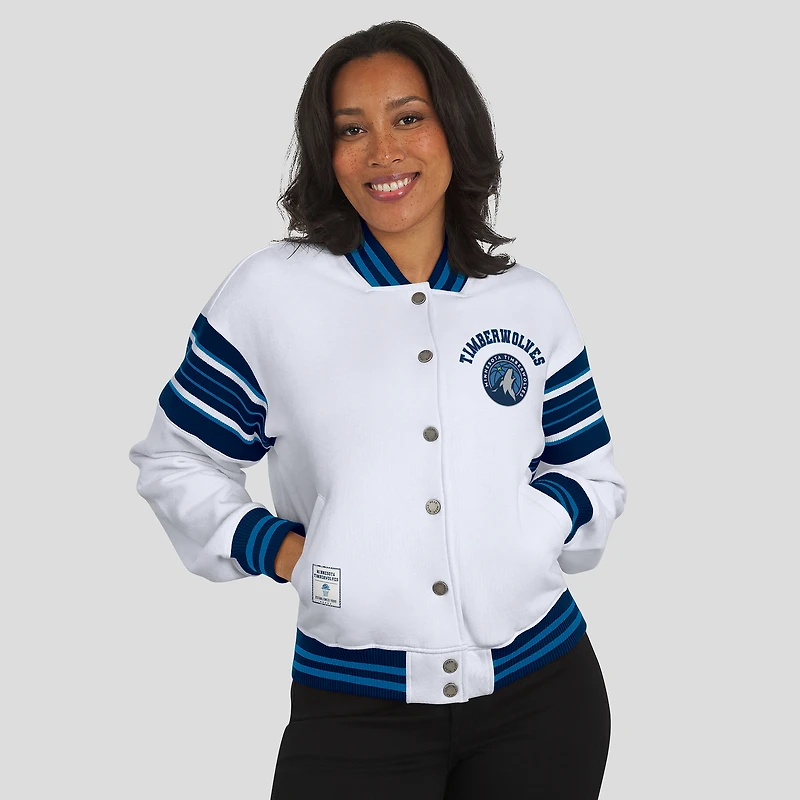 Women's WEAR by Erin Andrews  White Minnesota Timberwolves Snap Front Fleece Sweatshirt