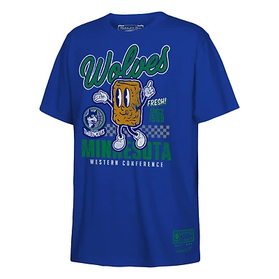 T-shirt bleu pour jeunes Mitchell & Ness avec le personnage de Concession Food des Minnesota Timberwolves