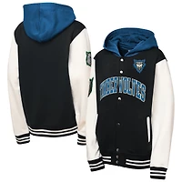Youth Mitchell & Ness Black Minnesota Timberwolves Hardwood Classics Courtside Fleece Full-Snap Hooded Jacket