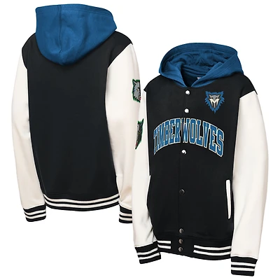 Youth Mitchell & Ness Black Minnesota Timberwolves Hardwood Classics Courtside Fleece Full-Snap Hooded Jacket