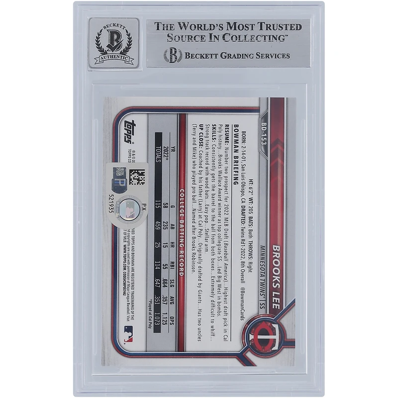 Brooks Lee Minnesota Twins Autographed 2022 Bowman Draft 1st Edition #BD-153 Beckett Fanatics Witnessed Authenticated 9/10 Card