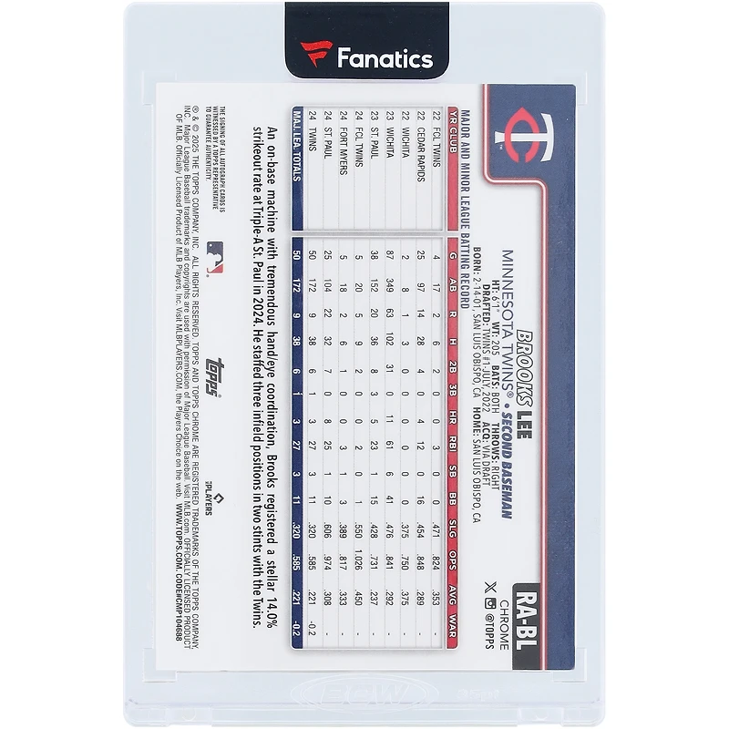 Brooks Lee Minnesota Twins Autographed 2025 Topps Chrome Logofractor Orange Refractor #RA-BL #25/25 Rookie Card