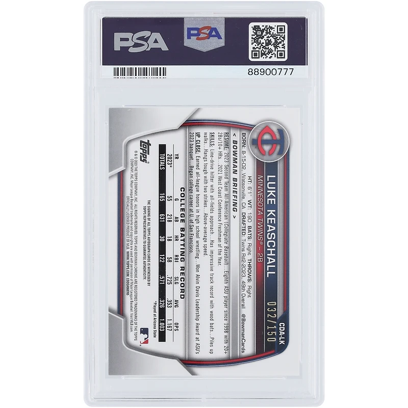 Luke Keaschall Minnesota Twins Autographed 2023 Bowman Chrome 1st Bowman Blue Wave #CDA-LK #32/150 PSA Authenticated 10 Card