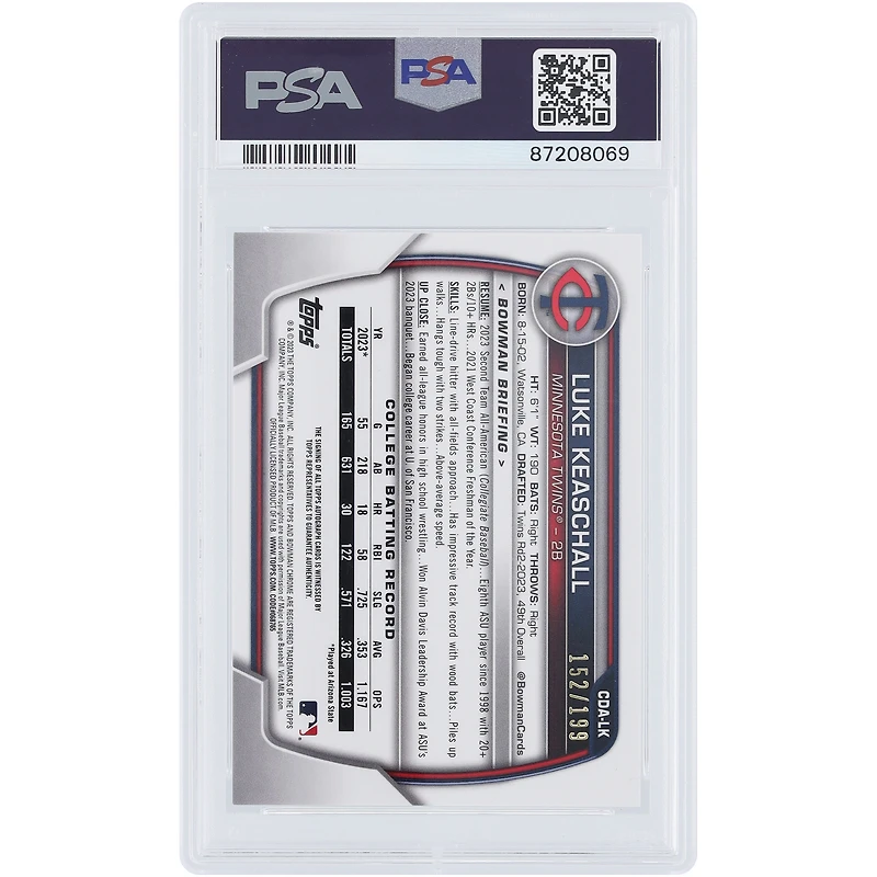 Luke Keaschall Minnesota Twins Autographié 2023 Bowman Chrome Sapphire 1er Bowman #CDA-LK #152/199 PSA Authentifié 10 Carte