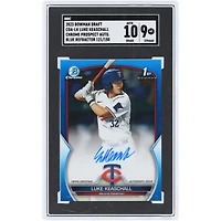 Carte autographiée de Luke Keaschall (Minnesota Twins), édition 2023, Bowman Draft Blue Refractor Chrome Prospect Auto. Numéro d'article : CDA-LK, numéro 121/150, authentifiée par SGC (9/10).