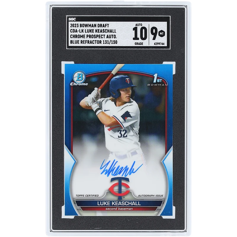 Carte autographiée de Luke Keaschall (Minnesota Twins), édition 2023, Bowman Draft Blue Refractor Chrome Prospect Auto. Numéro d'article : CDA-LK, numéro 131/150. Authentifiée par SGC (note : 9/10).