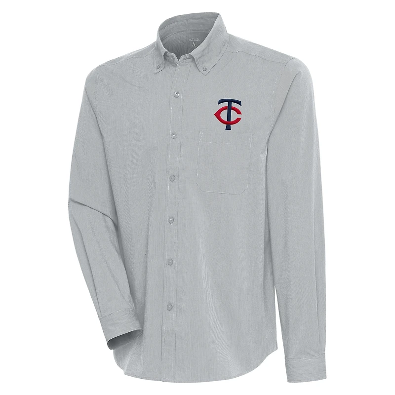 Men's Antigua Gray/White Minnesota Twins Compression Long Sleeve Button-Down Shirt