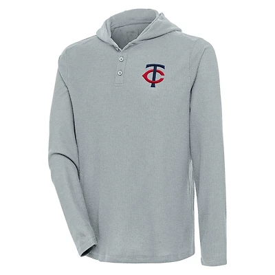 Men's Antigua  Gray Minnesota Twins Strong Hold Long Sleeve Henley Hoodie T-Shirt