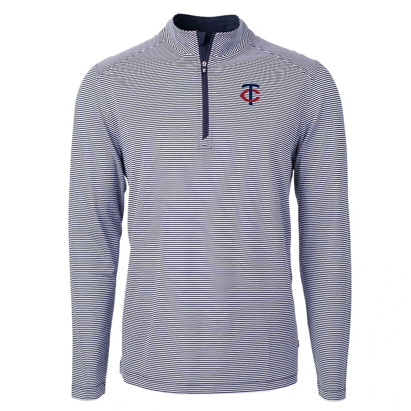 Men's Cutter & Buck Navy/White Minnesota Twins Virtue Eco Pique Micro Stripe Big Tall Recycled Quarter-Zip Pullover Top