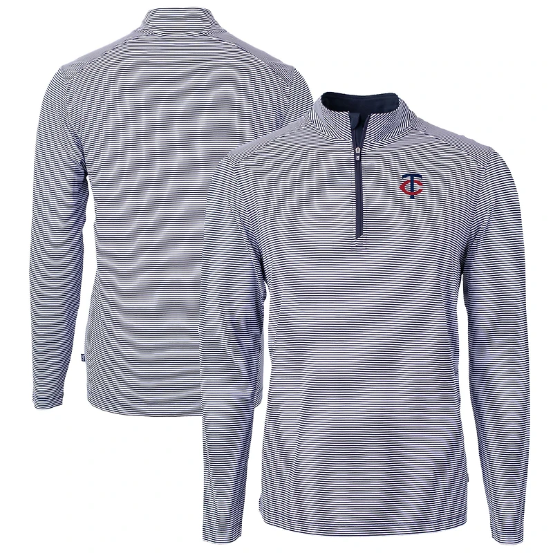 Men's Cutter & Buck Navy/White Minnesota Twins Virtue Eco Pique Micro Stripe Big Tall Recycled Quarter-Zip Pullover Top