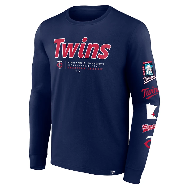 T-shirt à manches longues Fanatics Navy Minnesota Twins Strike the Goal pour hommes