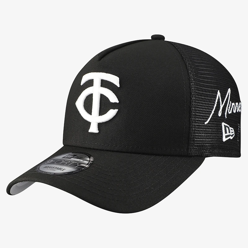 Men's New Era Black Minnesota Twins Side Script 9FORTY A-Frame Trucker Adjustable Hat
