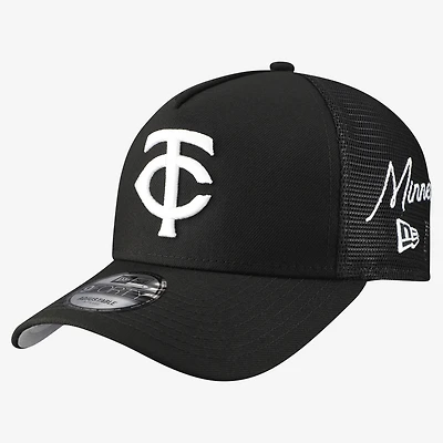 Men's New Era Black Minnesota Twins Side Script 9FORTY A-Frame Trucker Adjustable Hat