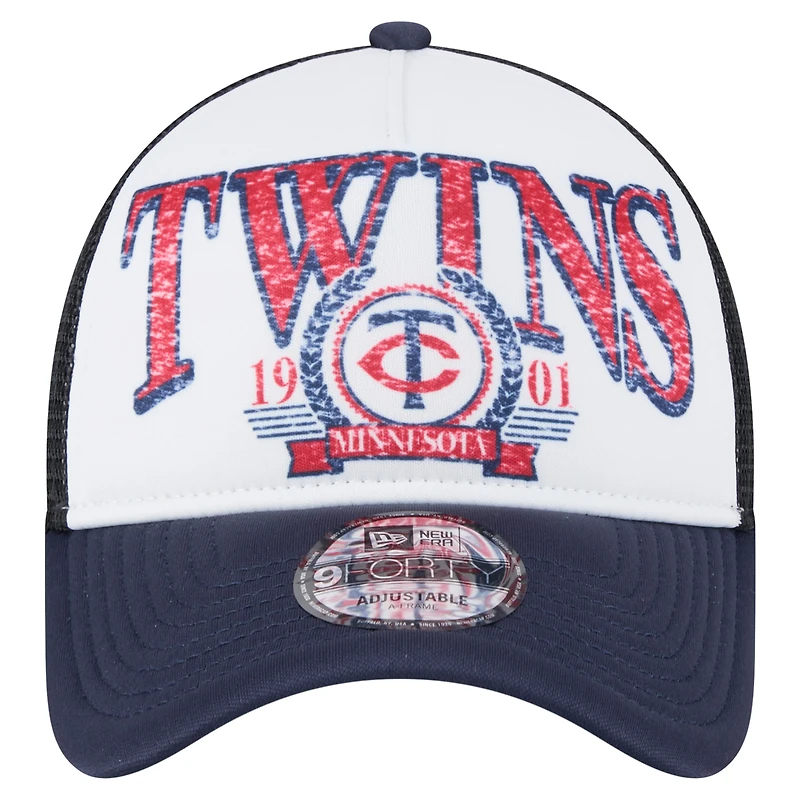 Men's New Era White/Navy Minnesota Twins Distressed 9FORTY A-Frame Adjustable Trucker Hat