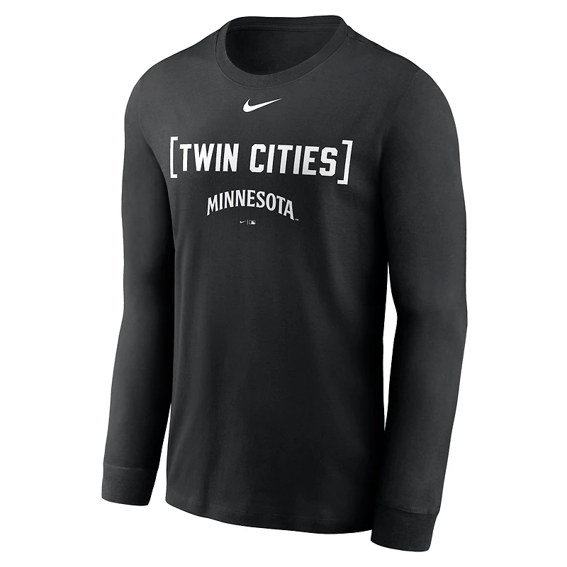 T-shirt à manches longues Nike noir pour homme avec surnom local des Minnesota Twins