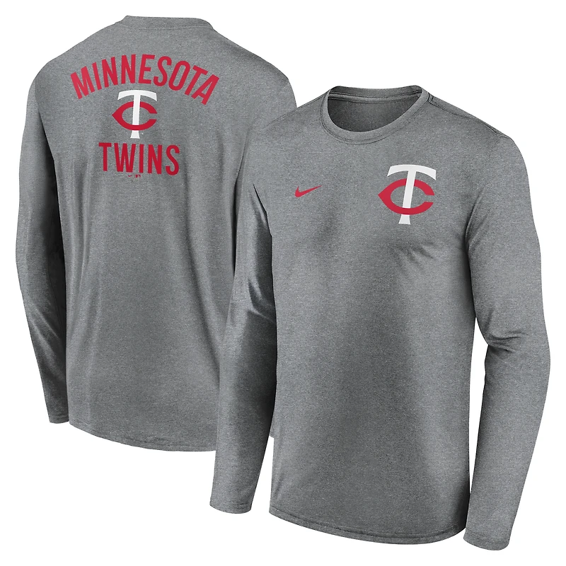 T-shirt à manches longues Nike Dri-FIT anthracite chiné pour homme, motif 2 coups légendaire des Twins du Minnesota