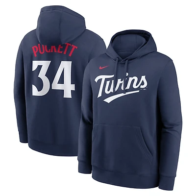 Sweat à capuche Nike Kirby Puckett bleu marine pour homme, avec nom et numéro de joueur des Twins du Minnesota