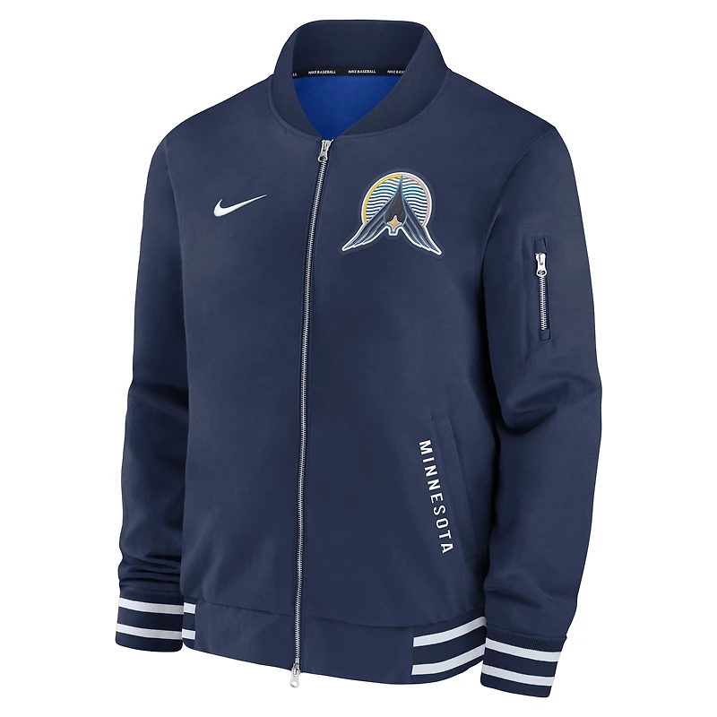 Veste aviateur zippée Nike bleu marine Minnesota Twins Authentic Collection City Connect pour homme