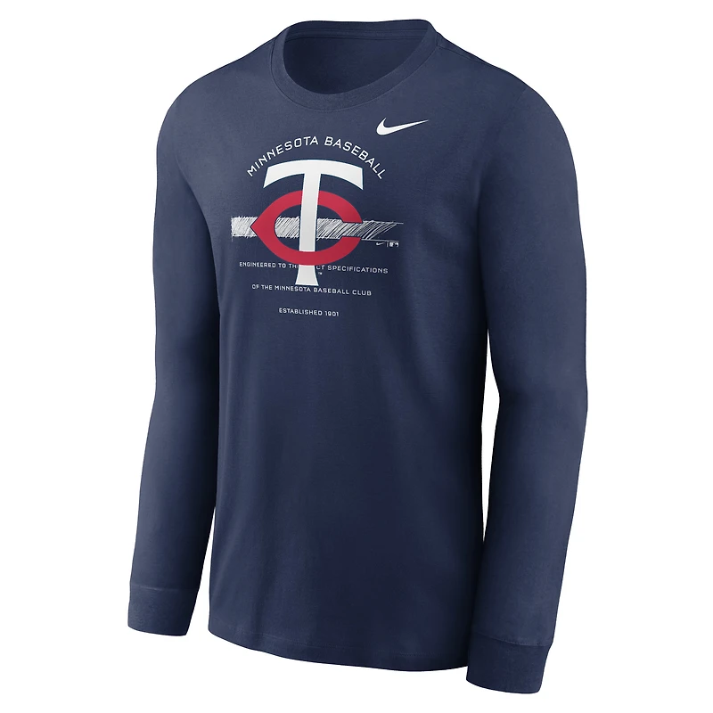 T-shirt à manches longues Nike Minnesota Twins Over Arch pour homme - Bleu marine