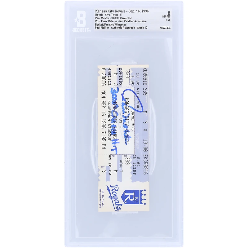 Paul Molitor Minnesota Twins Autographed 3,000th Career Hit Beckett Fanatics Witnessed Authenticated 8/10 Ticket from September 16, 1996 with "3000th Career Hit" Inscription