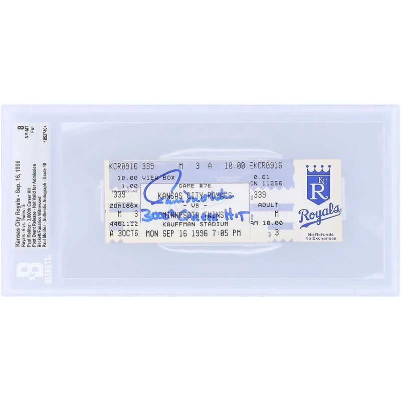 Paul Molitor Minnesota Twins Autographed 3,000th Career Hit Beckett Fanatics Witnessed Authenticated 8/10 Ticket from September 16, 1996 with "3000th Career Hit" Inscription