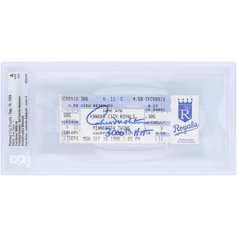 Paul Molitor Minnesota Twins Autographed Career Hit 3,000 Souvenir Beckett Fanatics Witnessed Authenticated Auto 10 Ticket from September 16