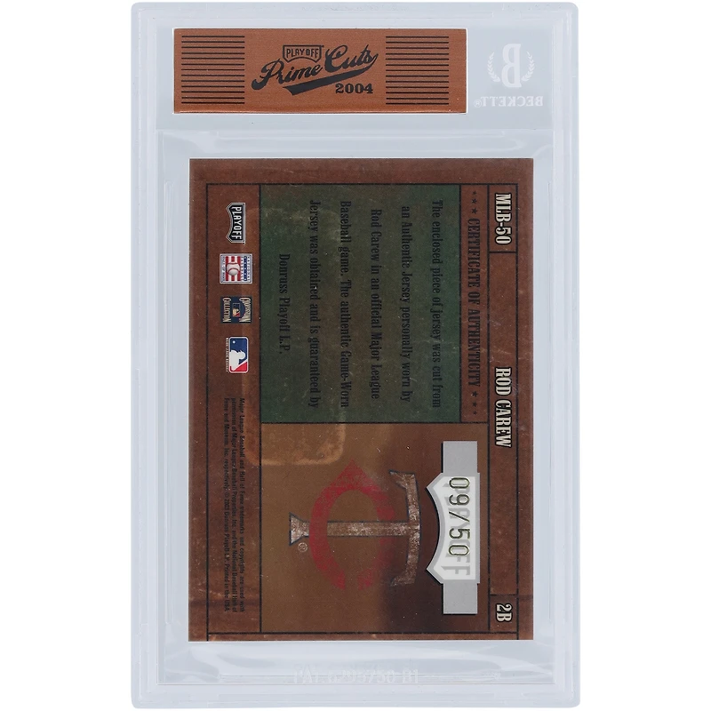 Carte relique #MLB-50 #9/50 autographiée par Rod Carew des Twins du Minnesota, Prime Cuts, 3 couleurs, utilisée lors des éliminatoires de 2004