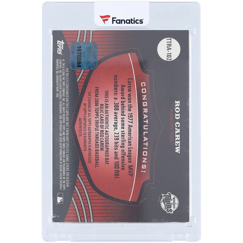 Rod Carew Minnesota Twins Autographed 2006 Topps Triple Threads Triple Game-Used Relic #TTRA-102 #18/18 Card 