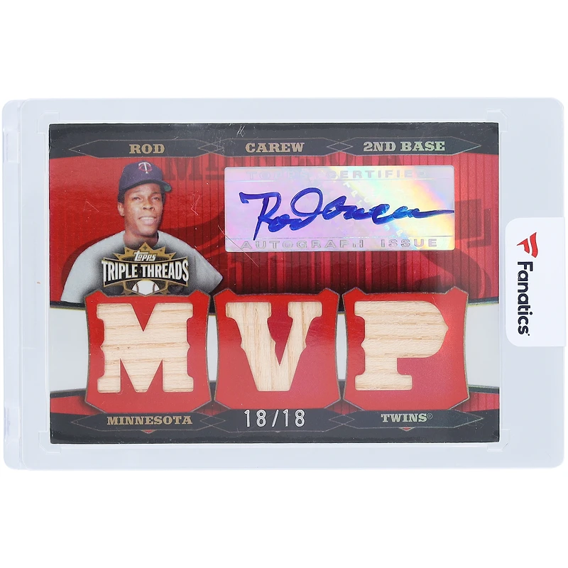 Carte relique #TTRA-102 #18/18 autographiée par Rod Carew des Twins du Minnesota, Topps Triple Threads 2006, utilisée dans le jeu