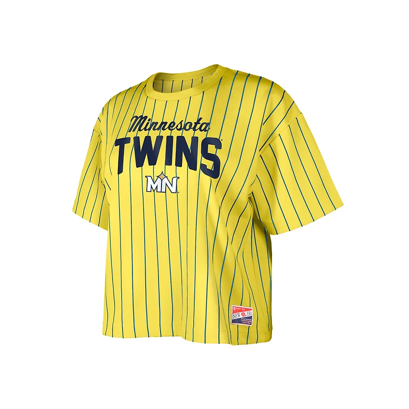 Women's New Era  Yellow Minnesota Twins City Connect Multiplier Pinstripe Cropped T-Shirt