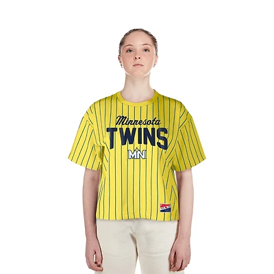 Women's New Era  Yellow Minnesota Twins City Connect Multiplier Pinstripe Cropped T-Shirt