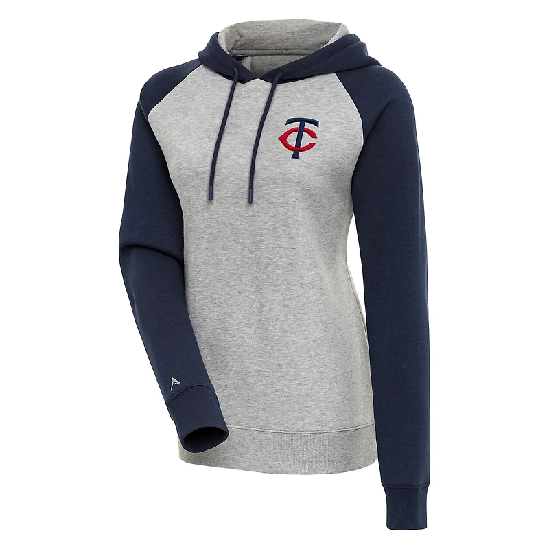 Women's Antigua Heather Gray/Navy Minnesota Twins Victory Raglan Sleeve Pullover Hoodie