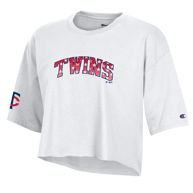 Women's Champion  White Minnesota Twins Boyfriend Cropped Americana T-Shirt