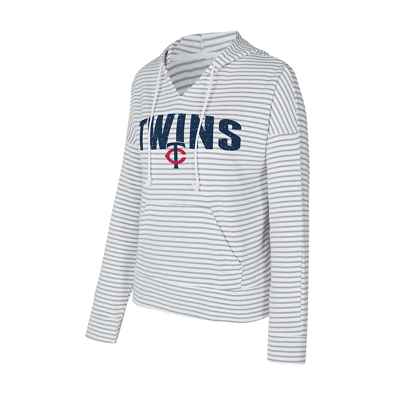 Sweat à capuche rayé col en V Liftoff pour femme Concepts Sport blanc/gris des Twins du Minnesota