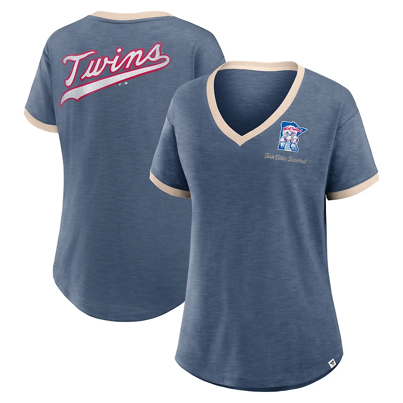 T-shirt à col en V bleu marine pour femme Fanatics Minnesota Twins Binge Worthy Stadium Slub