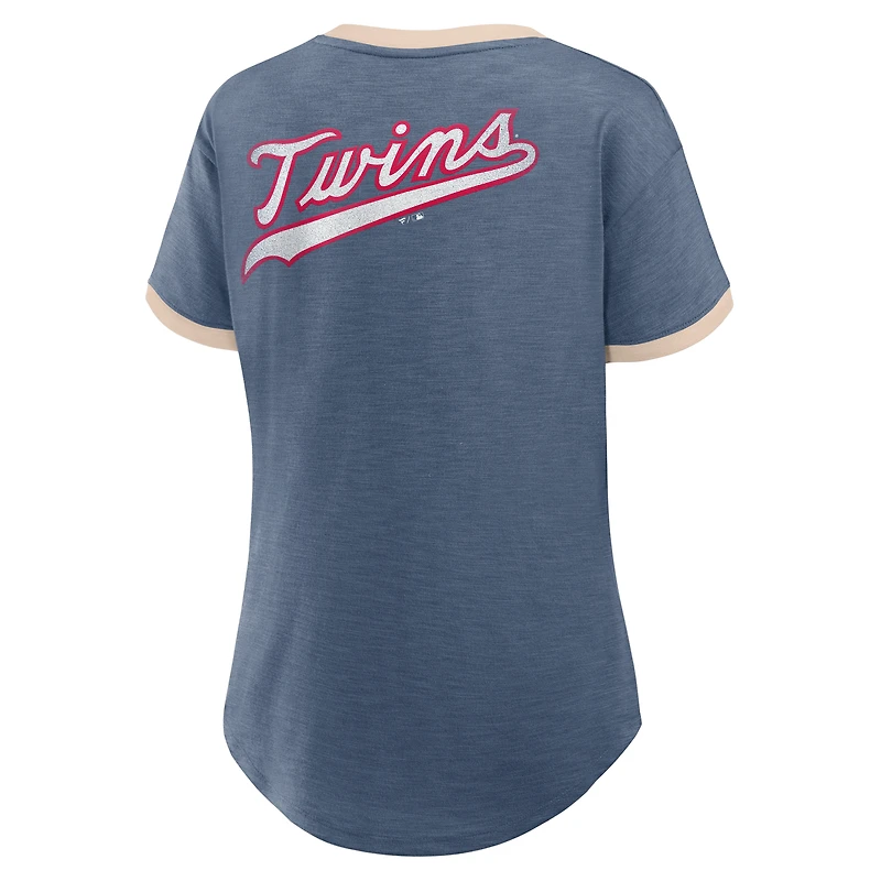 T-shirt à col en V bleu marine pour femme Fanatics Minnesota Twins Binge Worthy Stadium Slub