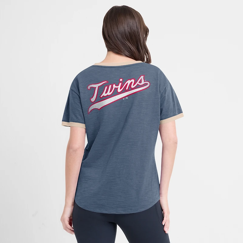 T-shirt à col en V bleu marine pour femme Fanatics Minnesota Twins Binge Worthy Stadium Slub
