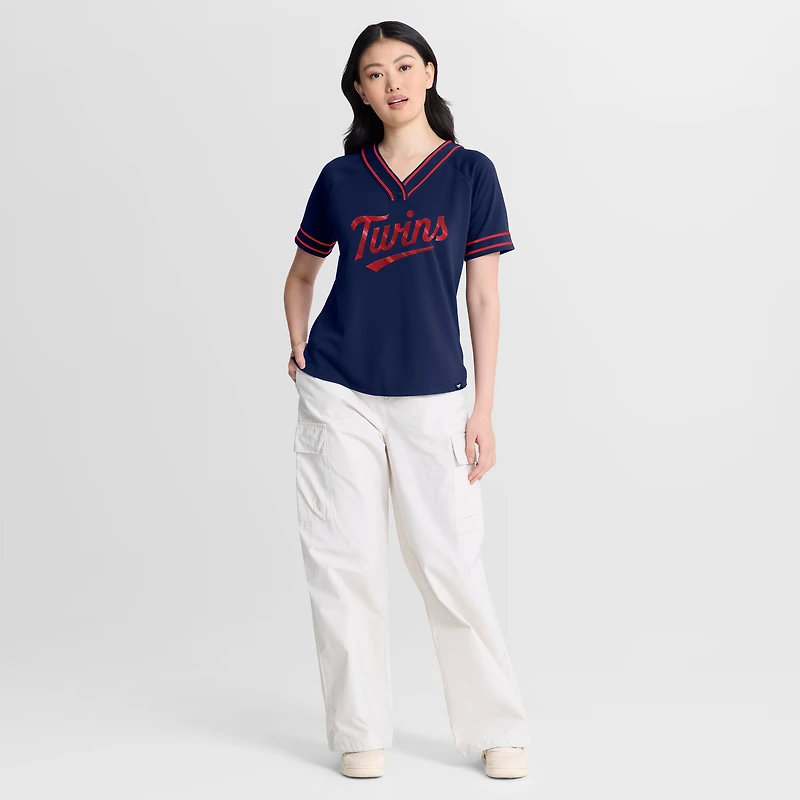 T-shirt raglan à col en V Fanatics Navy Minnesota Twins Diva Race Ahead pour femme