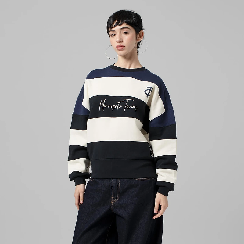 Women's Mitchell & Ness Navy/Black Minnesota Twins Cooperstown Collection Blocked Fleece Pullover Sweatshirt