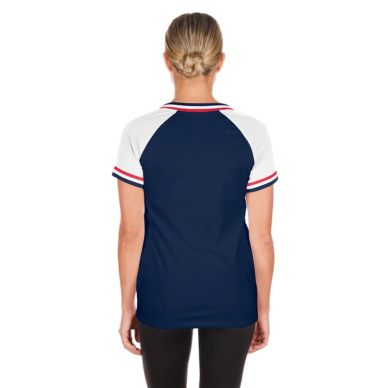 T-shirt à col en V raglan Gameday bleu marine des Twins du Minnesota New Era pour femme