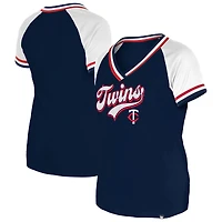 T-shirt à col en V raglan Gameday bleu marine des Twins du Minnesota New Era pour femme