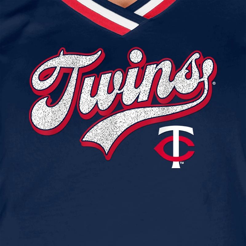 T-shirt à col en V raglan Gameday bleu marine des Twins du Minnesota New Era pour femme