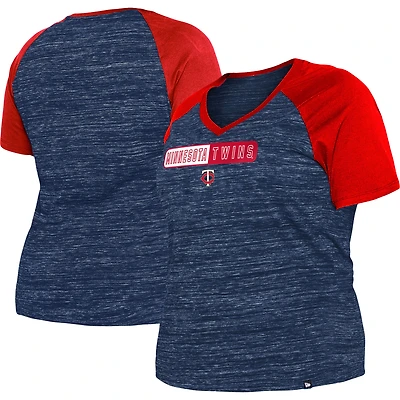 T-shirt à col en V raglan teint par espacement pour femme New Era bleu marine Minnesota Twins Taille Plus